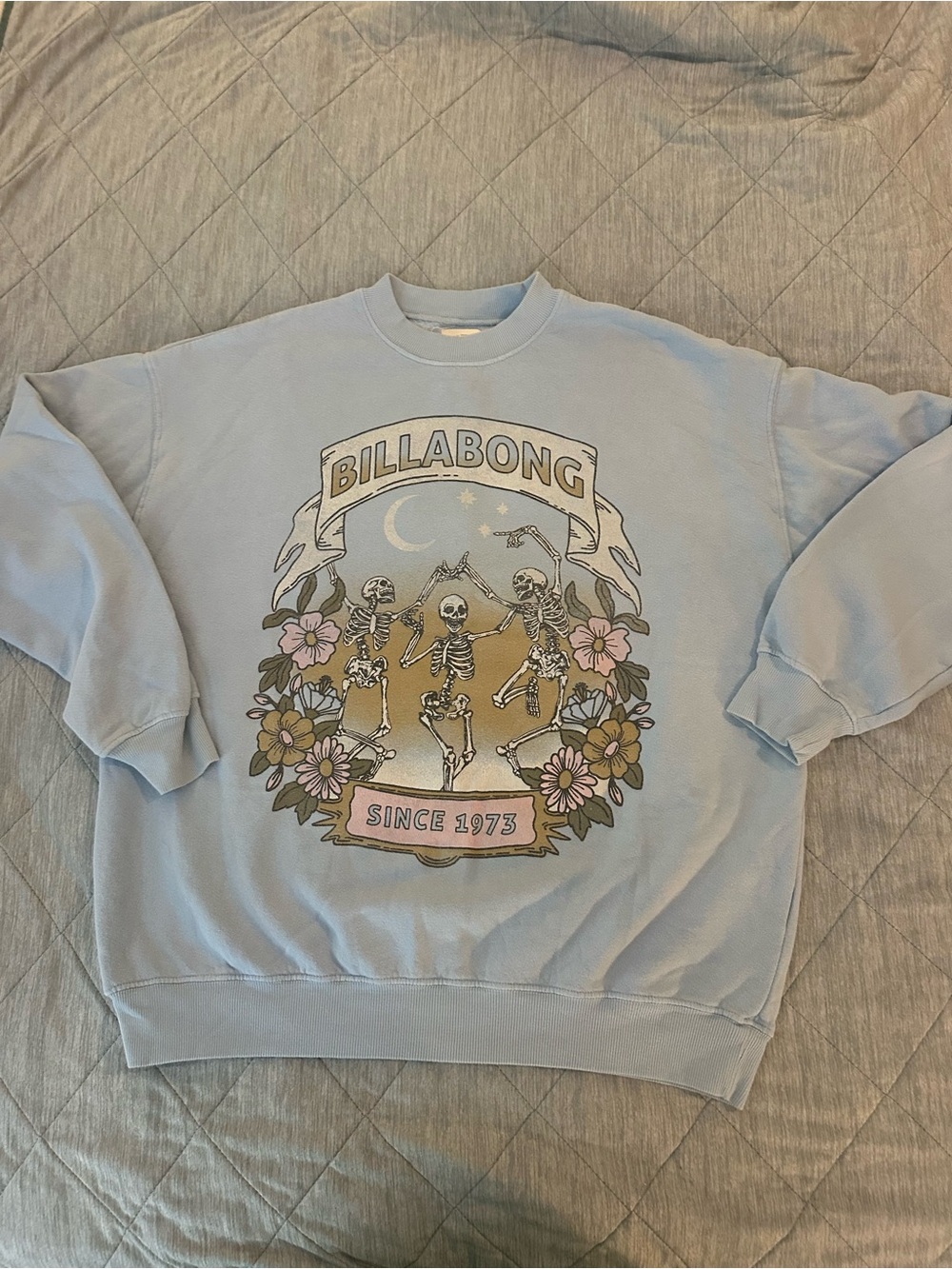 Billabong Light Blue Graphic Crewneck with Floral Skeleton Art